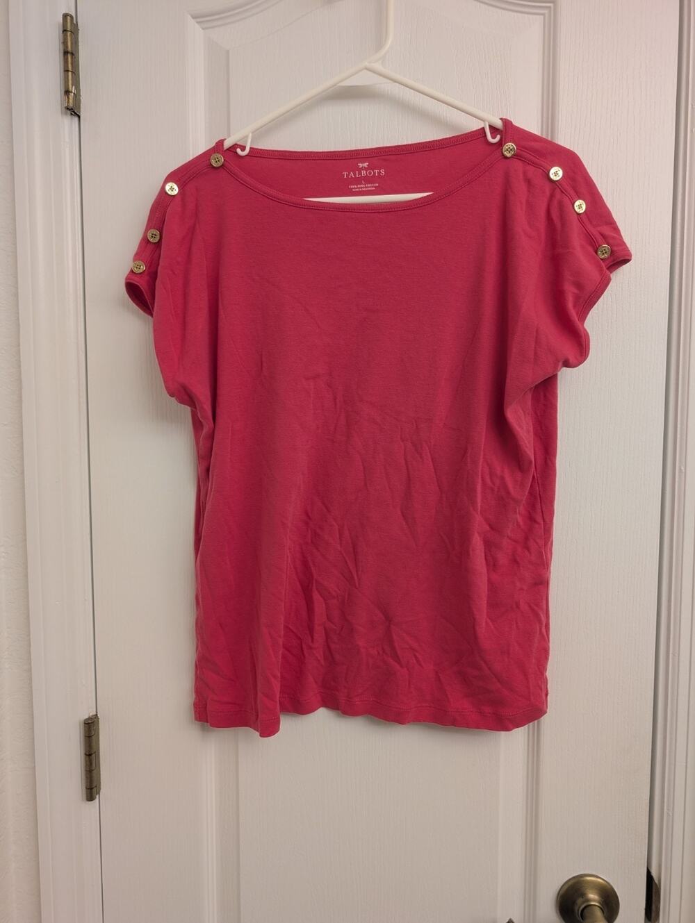 Talbots 100% Pima Cotton Pink Short Sleeve Top w gold button accent sleeve LG